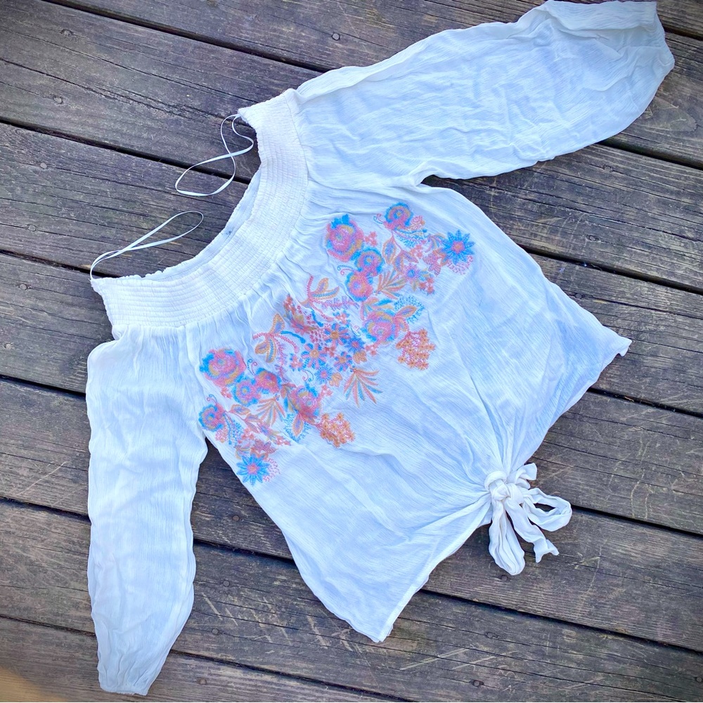 Multi Floral Embroidered Off-the-Shoulder Peasant Top